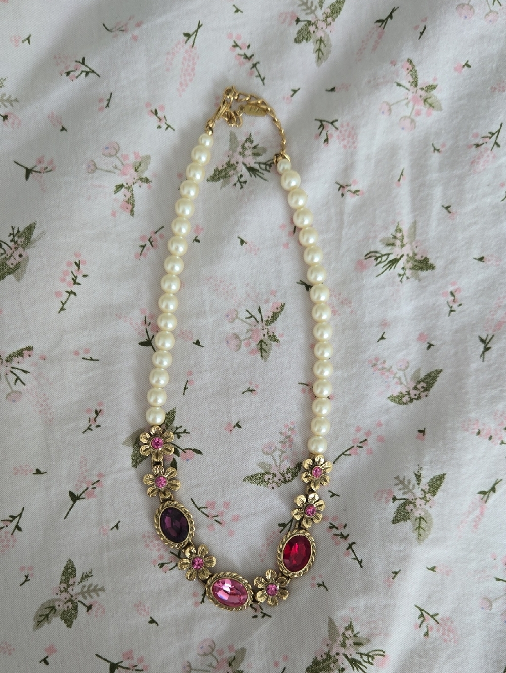 Pearl and Pink Gem Floral Necklace - Unbranded
